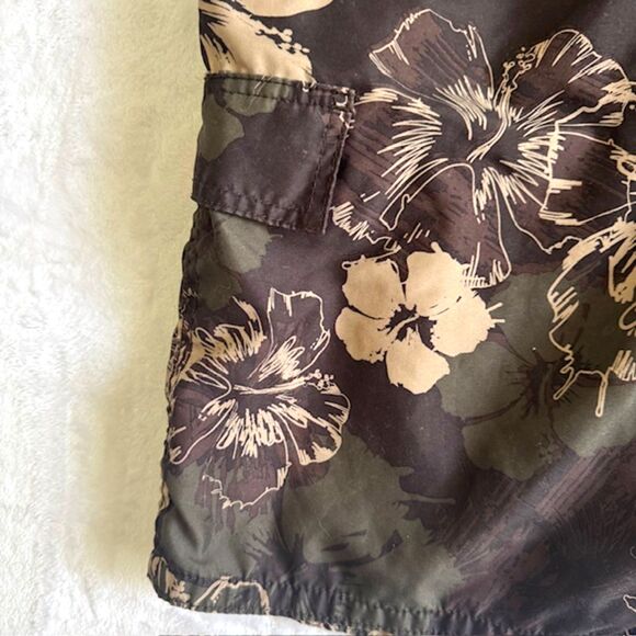 Op Men's SZ XL Swim Suit Trunks Hawaiian Green & Tan Elastic/Tie Waist, Pocket - Picture 4 of 11